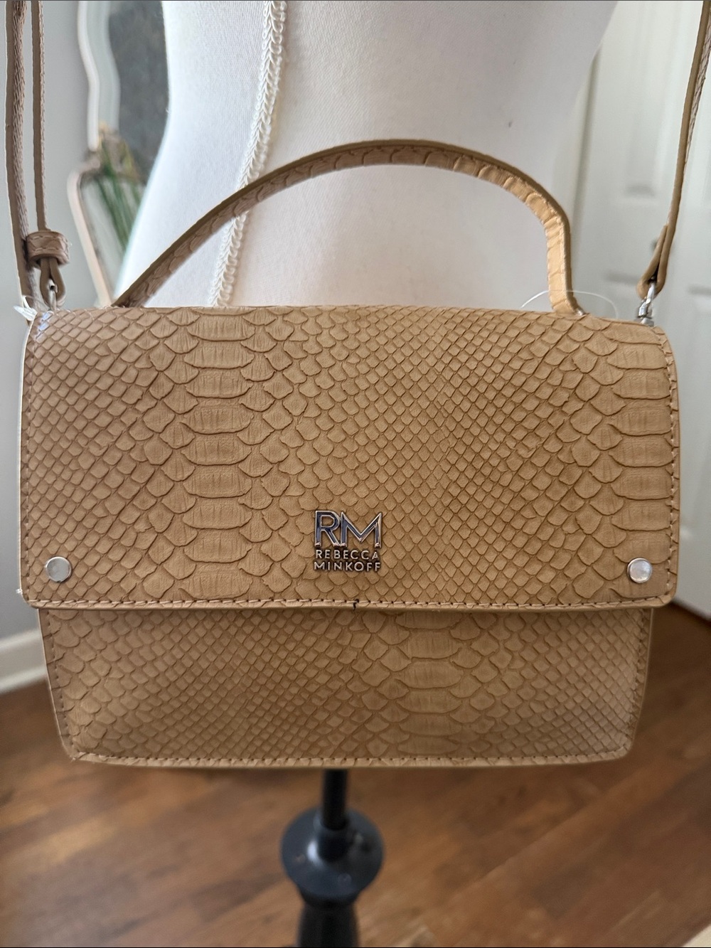 Rebecca Minkoff Tan Faux-Snakeskin Top Handle Crossbody Bag & Shoulder Strap NWT